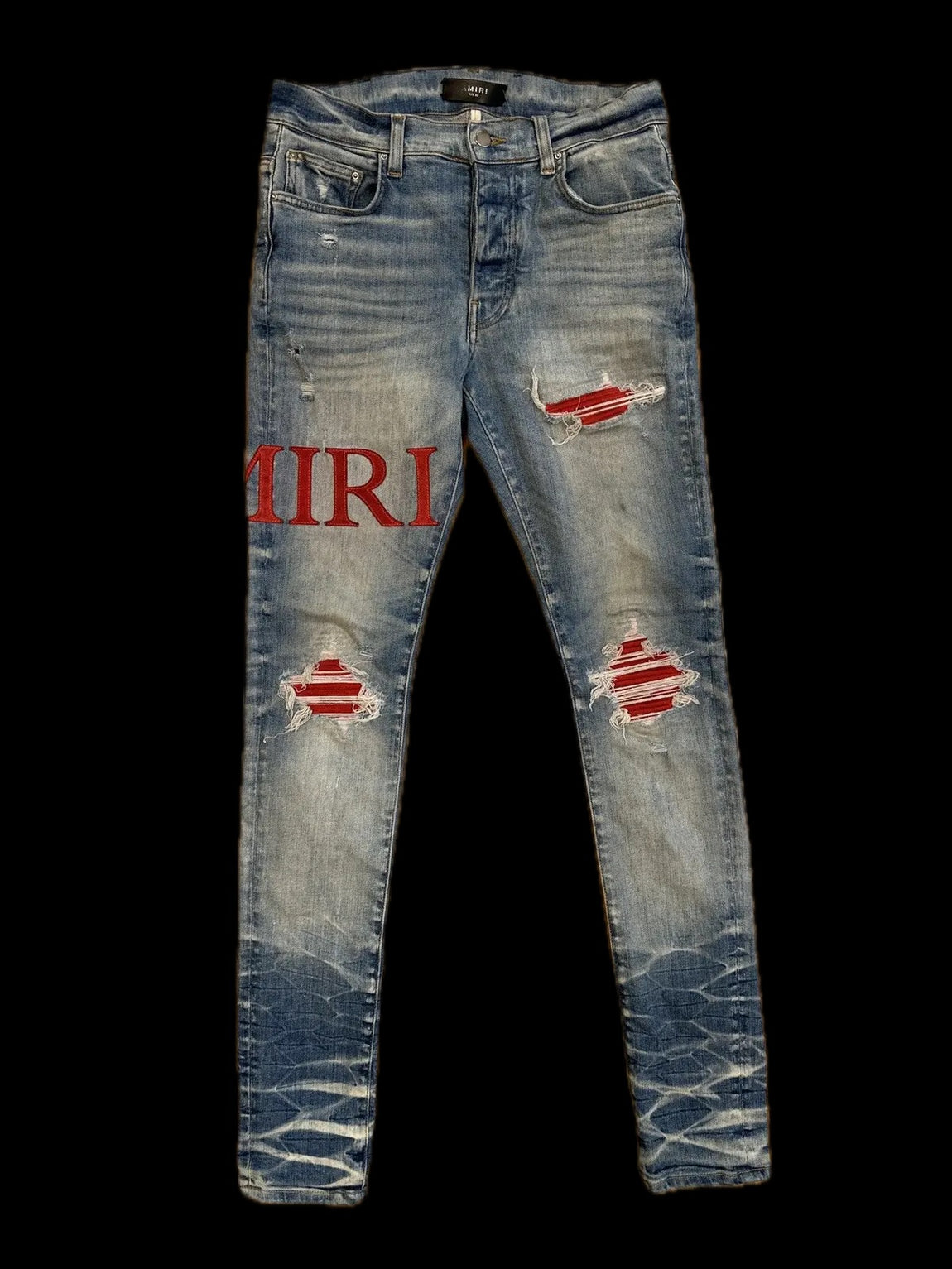 Amiri MX1 Light Wash Jean Red Patch Spellout