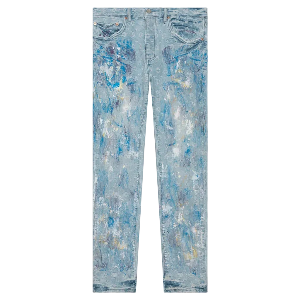 Purple Brand P001 Low Rise Skinny Jean Paint Over Jacquard Monogram Light Bleach