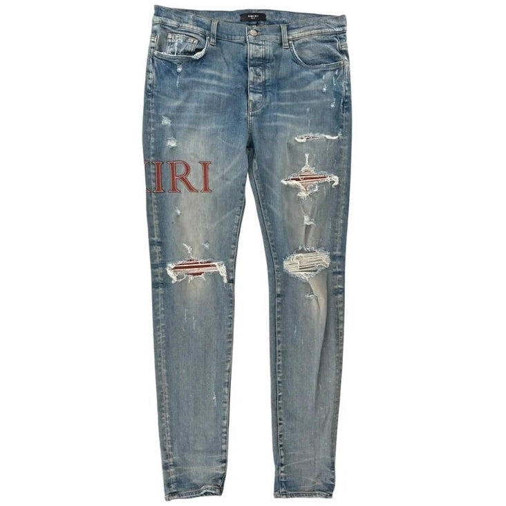 Amiri MX1 Jeans Blue Side Logo Burnt Orange Patch