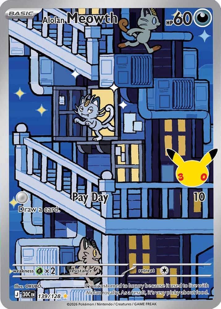 Pokemon Cards ME: 30th Celebration Alolan Meowth - 139/128 Alolan Meowth - 139/128 - ME: 30th Celebration (30C)