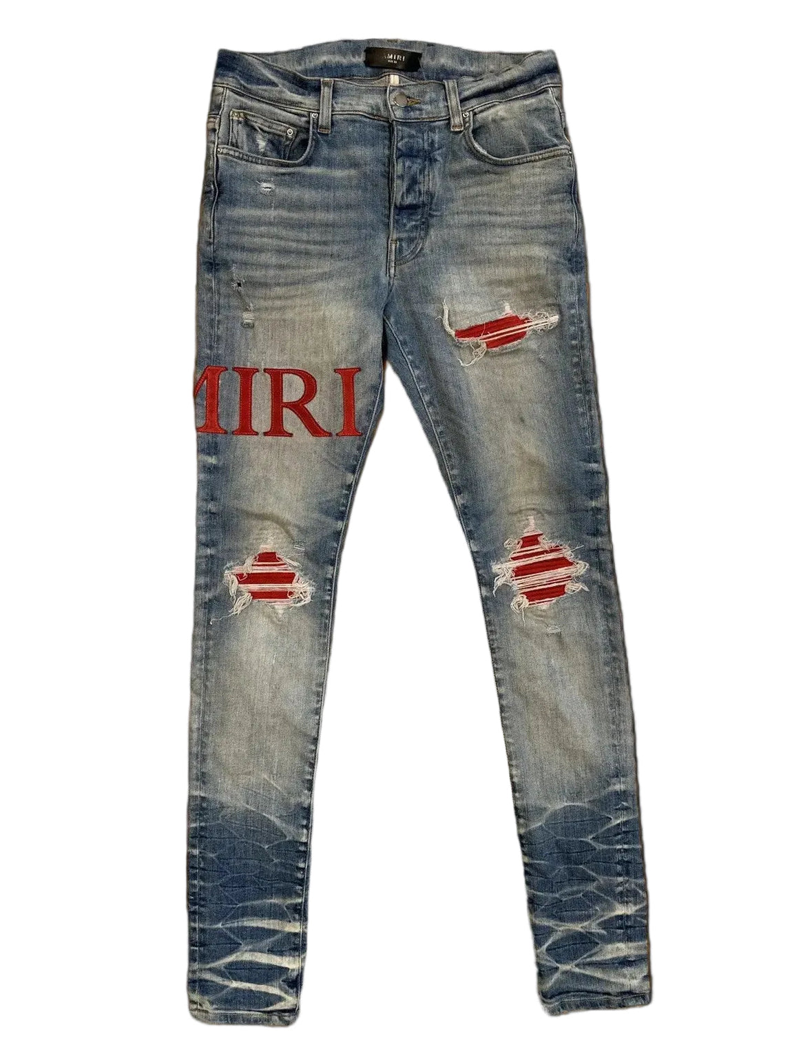 Amiri MX1 Light Wash Jean Red Patch Spellout